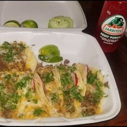 Taqueria Los Cinco Primos - Beef street tacos with everything plus cheese & Jarrito's to drink! Delicious!