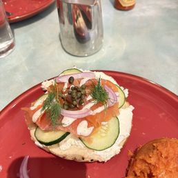 Breakfast - Smoked Salmon lox and crème cheese bagel.  So good