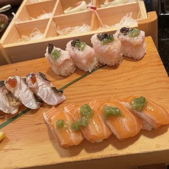 Moto Sushi - Black snapper, yellowtail, and salmon belly sushi pieces - Japanese Near Me - Glendale, California Moto Sushi - Black snapper, yellowtail, and salmon belly sushi pieces - Japanese Near Me - Glendale, California