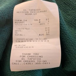 Our bill for shared meal and water
