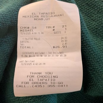 El Tapatio - Our bill for shared meal and water - Mexican Near Me - Moab, Utah