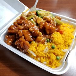 Two entree plate w/ Sesame Chicken, Chicken and Broccoli, and Fried Rice
