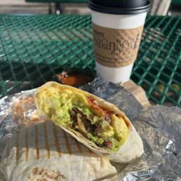 Egg and cheese breakfast burrito: added bacon and avocado. Nonfat lavender latte. Egg and cheese breakfast burrito: added bacon and avocado. Nonfat lavender latte.
