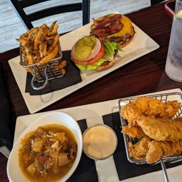 4118 Burger and fries, chicken tenders and cabbage, pastor, and chorizo soup.