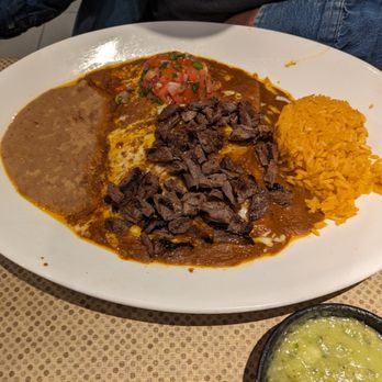Salsa Tex Mex - Enchiladas Tehana (cheese enchiladas with fajita meat), beans and rice - green salsa there as well!! - Mexican Near Me - Allen, Texas