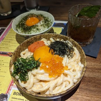 Juju - Mentaiko Udon and Susuru Gohan Stoned in Manhattan cocktail - Japanese Near Me - Orlando, Florida Juju - Mentaiko Udon and Susuru Gohan Stoned in Manhattan cocktail - Japanese Near Me - Orlando, Florida