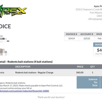 Apex Pest Control - Apex invoice. This was a MONTHLY charge ALL winter long. - Pest Control Near Me - Fort Wayne, Indiana