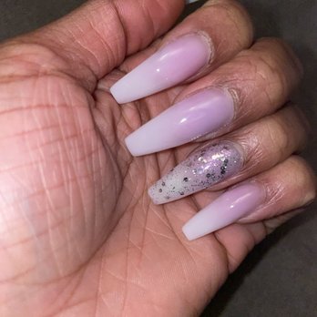 Happiest Nails & Spa - Medium Length - Coffin Shaped Pink & White Ombré Acrylics - Nail Salons Near Me - Oceanside, California