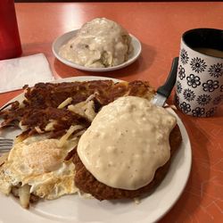 Rodeo Coffee Shop - Chicken fried steak, eggs and biscuits with gravy. So good.