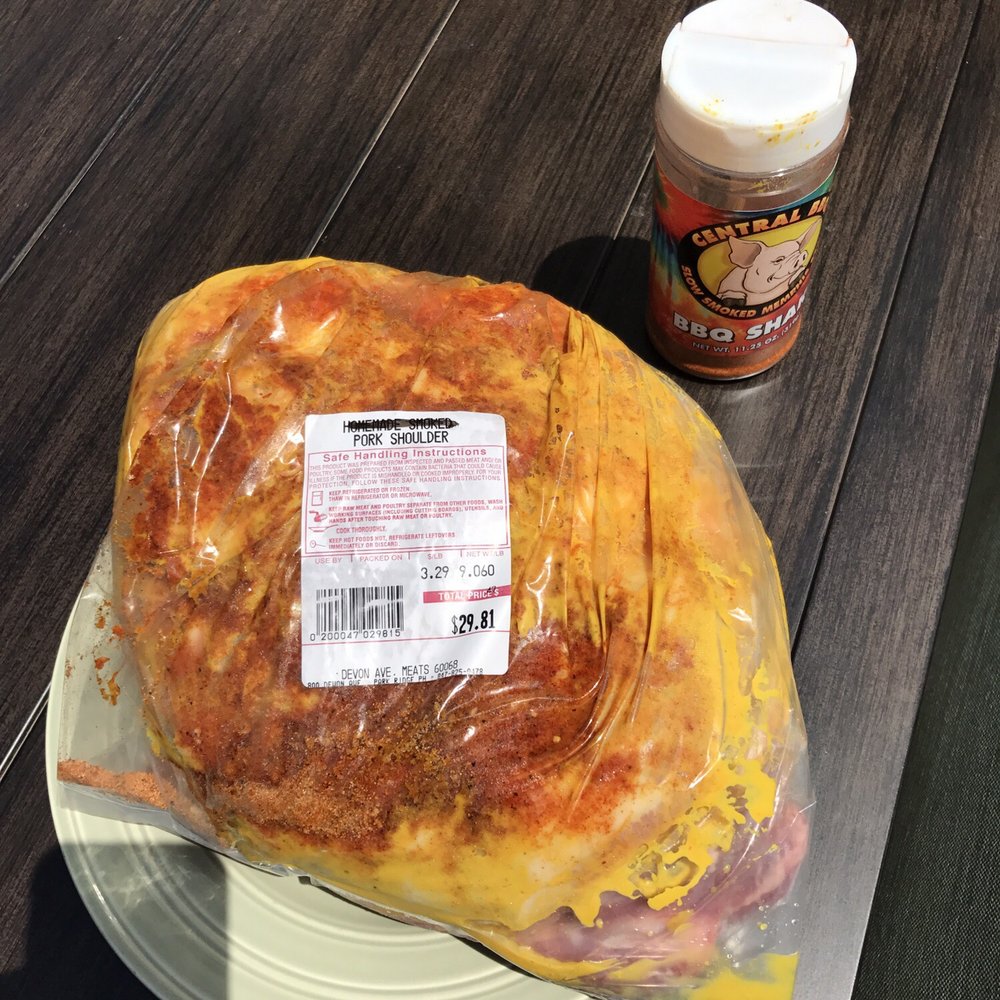 Devon Avenue Meats - 9lb pork shoulder ready for the grill.  They didn't sell any rub, but they have their own line coming out. - Meat Shops Near Me - Park Ridge, Illinois