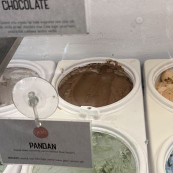 Gati - A container of pandan-flavored ice cream with a green color is visible in a display case at an ice cream shop. The label in front of the container reads 'PANDAN' and describes it as a tropical flavor commonly used in Southeast Asian desserts. The ice cream appears creamy and textured, with other flavors partially visible in adjacent containers. The setting suggests a variety of ice cream flavors available for selection. - Ice Cream & Frozen Yogurt Near Me - Austin, Texas