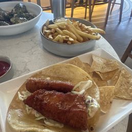 FISH & CHIPS, Fries, Crispy Brussels Sprouts. FISH & CHIPS, Fries, Crispy Brussels Sprouts.