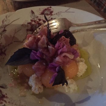 The Lost Kitchen - Melon, prosciutto smoked ricotta starter - Salad Near Me - Freedom, Maine