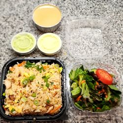 Alpaca Chicken - Arroz chaufa with side salad and caramel flan