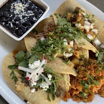 Cha Cha's Latin Kitchen - 3 Tacos: 1 Short Rib & 2 Carnitas tacos w side of rice and beans - Mexican Near Me - Irvine, California Cha Cha's Latin Kitchen - 3 Tacos: 1 Short Rib & 2 Carnitas tacos w side of rice and beans - Mexican Near Me - Irvine, California