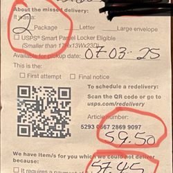 Choctaw Post Office - Delivery notification, two different COD amounts for two 30 pound packages.