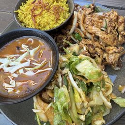 Samosa Soup, samosa salad, Basil Dried Chili Chicken, Burmese Indian Rice