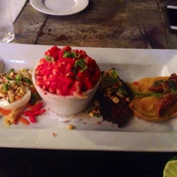 The Attic - The sampler: devilish eggs, Mac n cheese with hot Cheetos on top, bacon wrapped crab stuffed jalapeño and fried green tomatoes! - Breakfast & Brunch Near Me - Long Beach, California