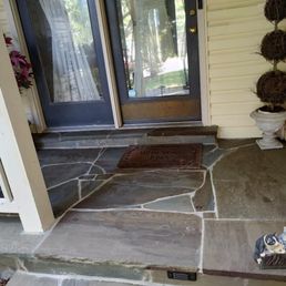 Recommended flagstone overlay on top of existing concrete on porch to match walkway. Recommended flagstone overlay on top of existing concrete on porch to match walkway.