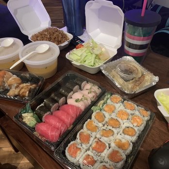 Miyabi Sushi - Sushi from left: 31. Virginia Roll, 9. Tuna and Yellowtail Combo, and 1. Spicy Roll Combo. Also Fried Rice and Pork Gyoza pictured. - Sushi Bars Near Me - Richmond, Virginia