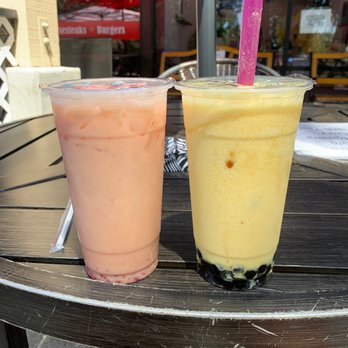 Fat Straw Cafe - Mango Smoothie with Boba and Strawberry MilkTea - Bubble Tea Near Me - Livermore, California