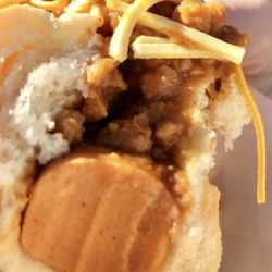 Gerlach's - A cross-section of Gerlach's Vegan (they also have meat) Texas Chili Cheese Dog
