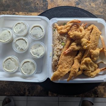 Mike's Seafood - 3 catfish and 6 shrimp with fried rice $16. Amazing value! - Cajun/Creole Near Me - Houston, Texas
