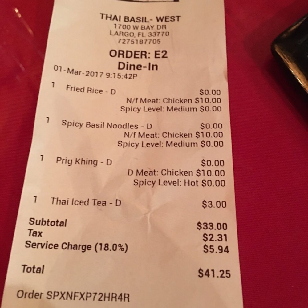 Thai Basil II - Receipt for 3 adults and 1 kid with 18% gratuity - Thai Near Me - Largo, Florida Thai Basil II - Receipt for 3 adults and 1 kid with 18% gratuity - Thai Near Me - Largo, Florida