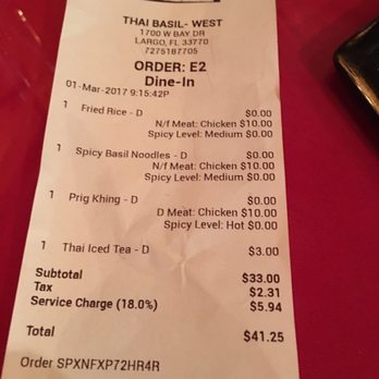 Thai Basil II - Receipt for 3 adults and 1 kid with 18% gratuity - Thai Near Me - Largo, Florida