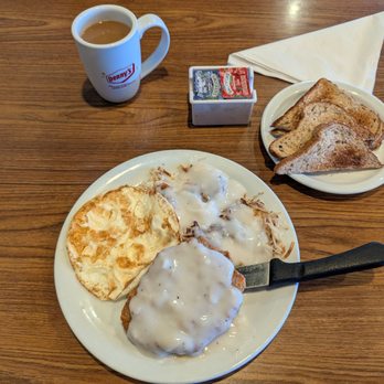 Denny's - Country fried steak hash browns eggs and toast with a side of coffee - Breakfast & Brunch Near Me - Bloomington, Illinois