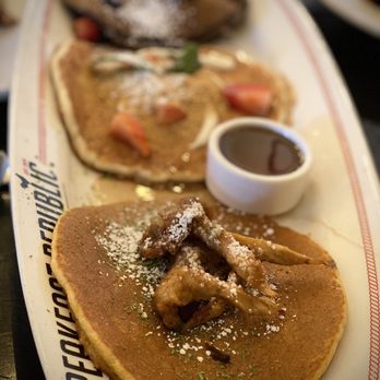 Breakfast Republic - Flight of 3 starring the summer special crispy mushrooms and cornbread pancake - Breakfast & Brunch Near Me - Irvine, California Breakfast Republic - Flight of 3 starring the summer special crispy mushrooms and cornbread pancake - Breakfast & Brunch Near Me - Irvine, California
