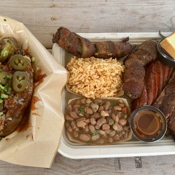 Compadre Cookers Tex-Mex BBQ - Bbq baked potatoes, 3-meat plate, jalapeño poppers. - Food Trucks Near Me - Rosenberg, Texas