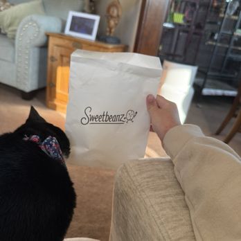 Sweetbeanz - my cat smelling a sweetbeanz bag - Coffee & Tea Near Me - Allendale, New Jersey