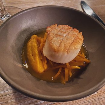 Vicia - Diver scallop, butternut squash puree and blood orange sauce - New American Near Me - St. Louis, Missouri Vicia - Diver scallop, butternut squash puree and blood orange sauce - New American Near Me - St. Louis, Missouri