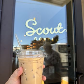 Scout Coffee Company - Vanilla Bean Latte in front of the front door of Scout Coffee Co. - Coffee Roasteries Near Me - Morro Bay, California