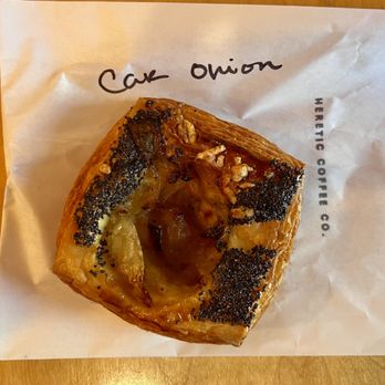 Heretic Coffee - Carmelized-onion Asiago cheese danish - not the best pic but it sure was good! - Coffee & Tea Near Me - Portland, Oregon