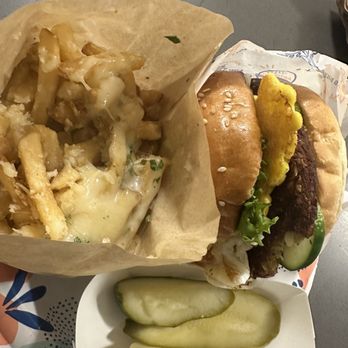 Super Duper Burgers - Veggie Burger with an Egg and Garlic Fries/ Pickles - Burgers Near Me - Berkeley, California Super Duper Burgers - Veggie Burger with an Egg and Garlic Fries/ Pickles - Burgers Near Me - Berkeley, California