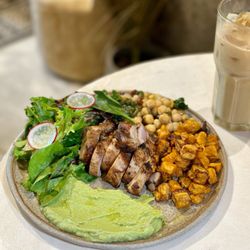 NU Real Food - Chicken thigh plate (chickpeas, sweet potato, avocado tahini sauce