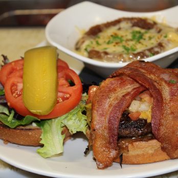 Amsterdam Restaurant - Made-in-House Burger with Smoked Bacon and French Onion Soup - Breakfast & Brunch Near Me - Kamloops, British Columbia