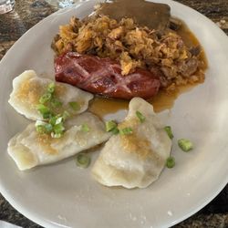 Flame Bistro - Polish platter-kielbasa,pierogis,ribs in gravy and sauerkraut