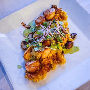 Black Cat Bistro - Seared Sea Scallop on Corn Pudding - New American Near Me - Cambria, California Black Cat Bistro - Seared Sea Scallop on Corn Pudding - New American Near Me - Cambria, California