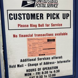 US Postal Service - The hours of operation for this location. They accept pre-stamped letters and pre-labeled packages. NO financial transactions here.