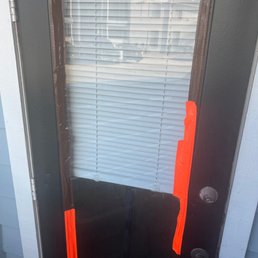 Broken patio door I had to cover with tape so my 2yo son wouldn't cut himself with glass