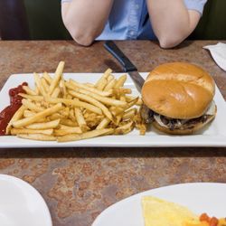 Perkins Restaurant & Bakery - Swiss mushroom burger with fries. not pictured: caramel apple pie that came with the combo.