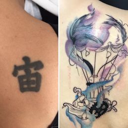 Left: Kanji that says "mid-air"; Right: Steampunk hot air balloon covering the old tattoo.