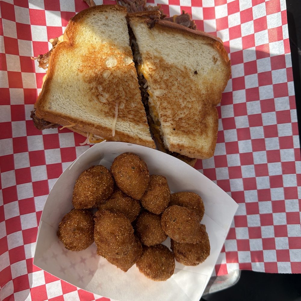The Crazy Pig - Beef Brisket Grilled Cheese with hush puppies - Barbeque Near Me - Davidson, North Carolina The Crazy Pig - Beef Brisket Grilled Cheese with hush puppies - Barbeque Near Me - Davidson, North Carolina