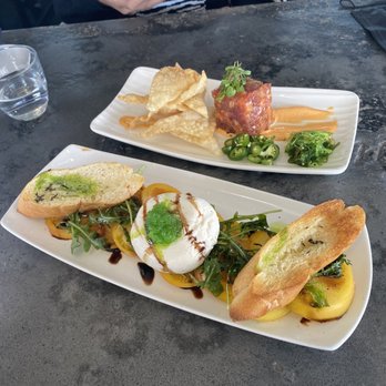 A'Bouzy - Bottom plate: Burrata  Top Plate: Salmon Tuna Tartare   Both were amazing. - Champagne Bars Near Me - Houston, Texas