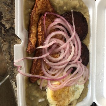 Bani Restaurant - Mangu with the queso, eggs and salami, onions on point, about $10 and did the trick! - Latin American Near Me - Roslindale, Massachusetts