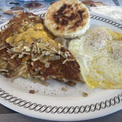 Waffle House - Weslay Chapel - Smothered, covered and capped with easy eggs and a biscuit