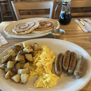 Sunset Grill - Sunset Supper w Chicken Sausage & "Cinnabun" pancakes - Breakfast & Brunch Near Me - Las Vegas, Nevada